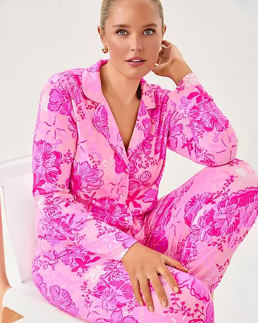 Lilly Pulitzer Pajama Knit Button-Up Top Parigi Pink Supporting Squad