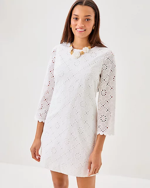 Lilly Pulitzer Richie 3/4 Sleeve Shift Dress Resort White Beach Haven Eyelet