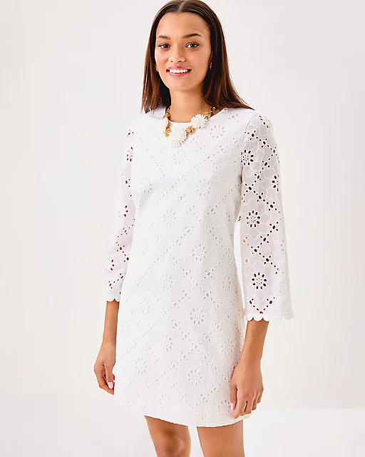 Lilly Pulitzer Richie 3/4 Sleeve Shift Dress Resort White Beach Haven Eyelet
