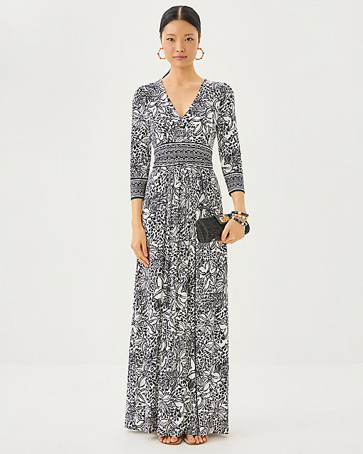 Lilly Pulitzer Roslynne V-Neck Maxi Dress Onyx Lots To Spot Engineered Knit Maxi