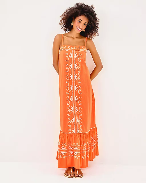 Lilly Pulitzer Rozalie Maxi Dress Papaya Frond Fantasy Embroidery