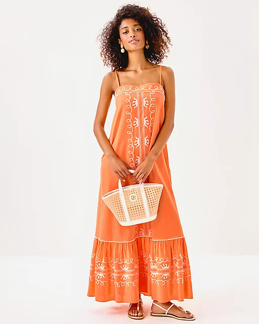 Lilly Pulitzer Rozalie Maxi Dress Papaya Frond Fantasy Embroidery