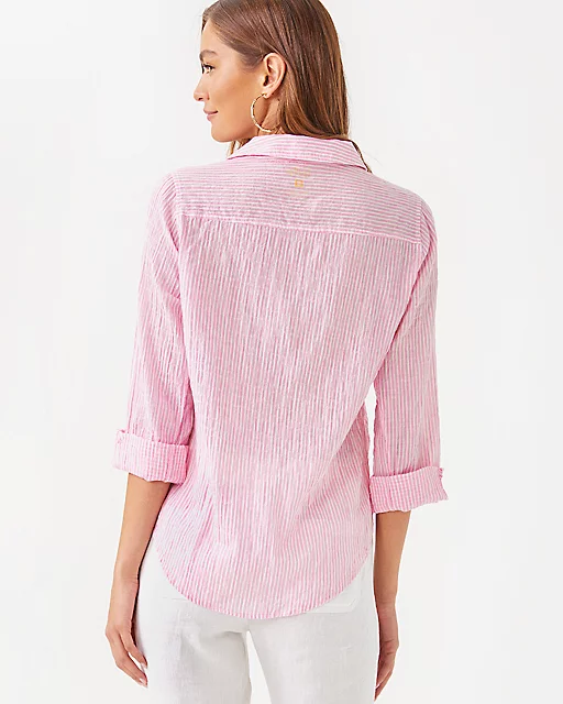 Lilly Pulitzer Sea View Button Down Top Conch Shell Pink Ltwt Oxford Stripe