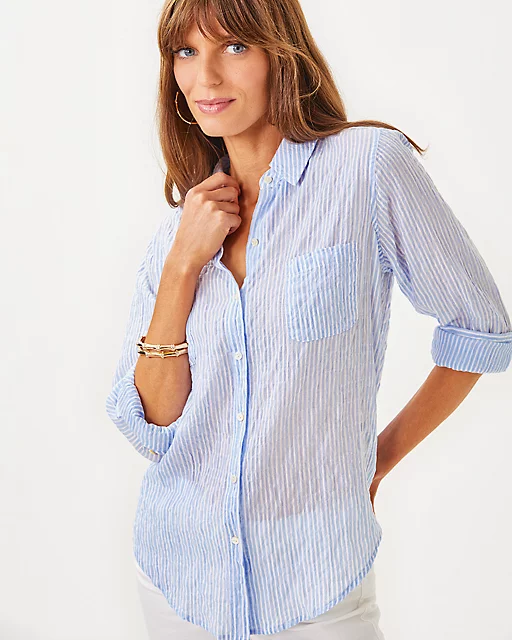lilly pulitzer Sea View Button Down Top Jacaranda Blue Ltwt Oxford Stripe