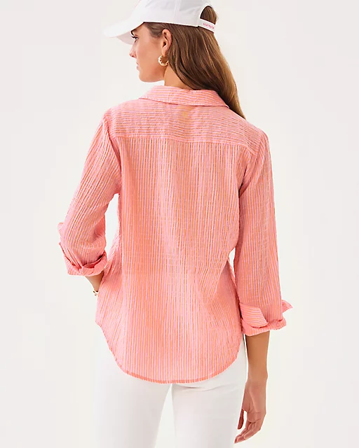 Lilly Pulitzer Sea View Button Down Top Papaya X Conch Shell Pink Ltwt Oxford Shirting Stripe