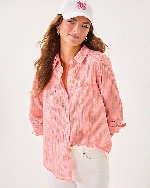 Lilly Pulitzer Sea View Button Down Top Papaya X Conch Shell Pink Ltwt Oxford Shirting Stripe