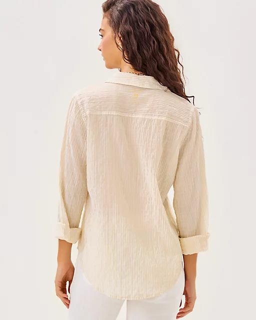 Lilly Pulitzer Sea View Button Down Top Wicker Tan Ltwt Oxford Stripe