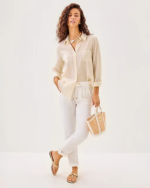 Lilly Pulitzer Sea View Button Down Top Wicker Tan Ltwt Oxford Stripe