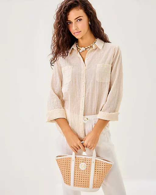 lilly pulitzer Sea View Button Down Top Wicker Tan Ltwt Oxford Stripe