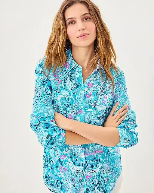 Lilly Pulitzer Sea View Linen Button Down Top Blue Peri Lilly Loves North Carolina