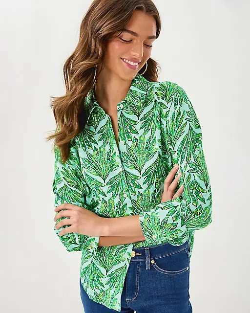 Lilly Pulitzer Sea View Linen Button Down Top Kitts Green Shady Babe
