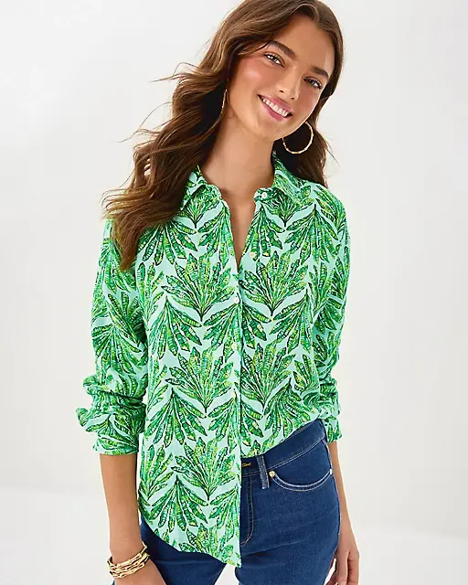 lilly pulitzer Sea View Linen Button Down Top Kitts Green Shady Babe