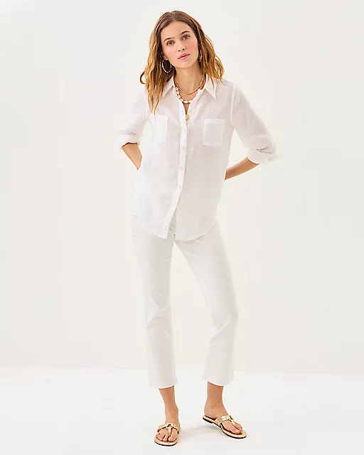 Lilly Pulitzer Sea View Linen Button Down Top Resort White