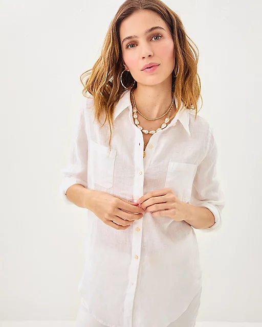 lilly pulitzer Sea View Linen Button Down Top Resort White