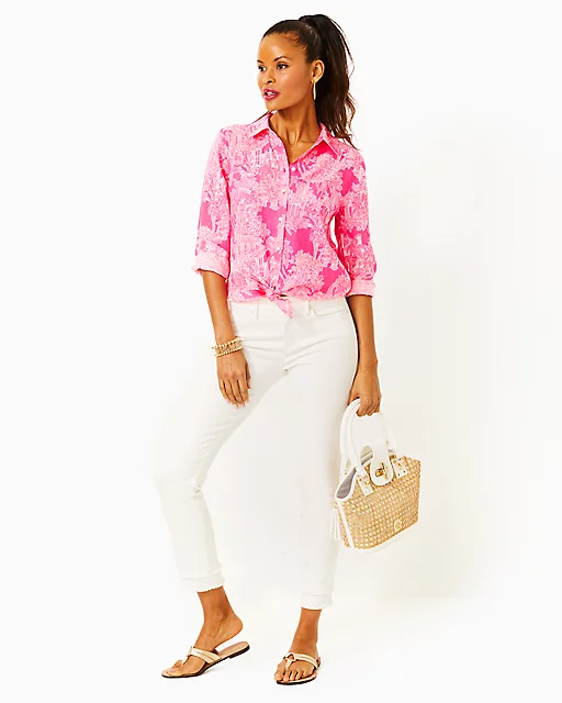 Lilly Pulitzer Sea View Linen Button Down Top Roxie Pink Pb Anniversary Toile