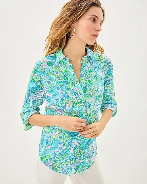 Lilly Pulitzer Sea View Linen Button Down Top Surf Blue Lilly Loves South Carolina