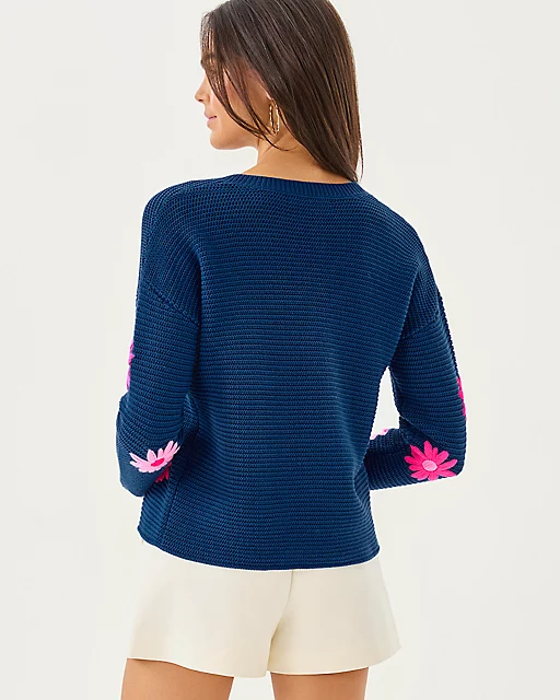 Lilly Pulitzer Tensley Embroidered Sweater Starlight Navy Garden Oasis Embroidery