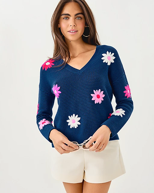 lilly pulitzer Tensley Embroidered Sweater Starlight Navy Garden Oasis Embroidery