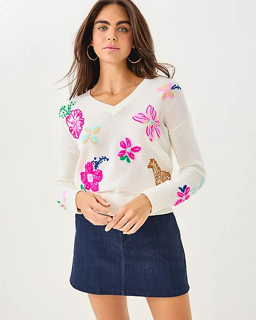 Lilly Pulitzer Tensley V-Neck Sweater Coconut Endless Summer Embroidery