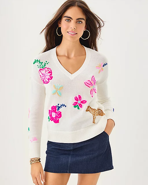 lilly pulitzer Tensley V-Neck Sweater Coconut Endless Summer Embroidery