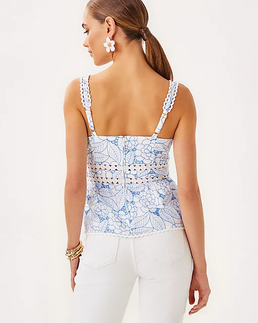 Lilly Pulitzer Tiah Eyelet Top Sunwashed Blue Sunshowers Embroidery