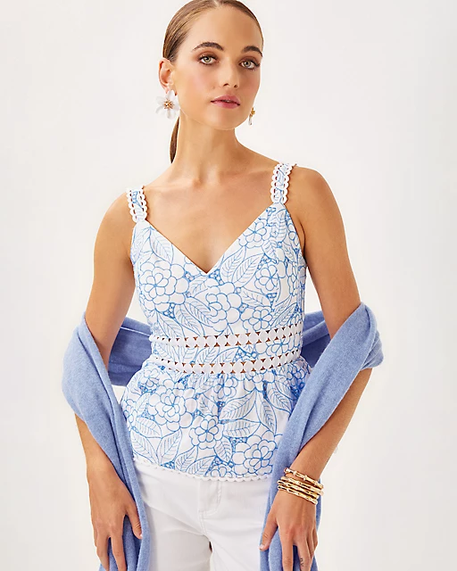 lilly pulitzer Tiah Eyelet Top Sunwashed Blue Sunshowers Embroidery