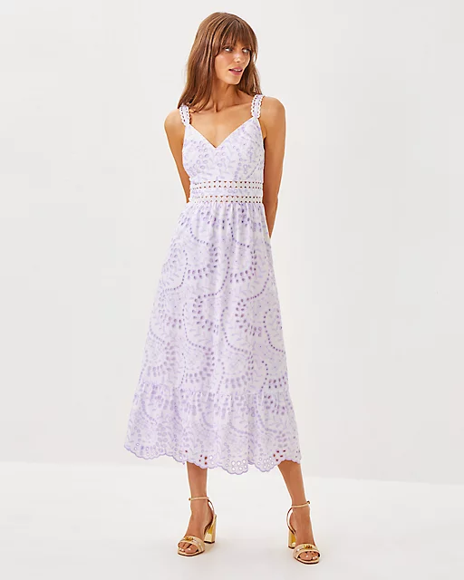 Lilly Pulitzer Tiah Midi Dress Water Hyacinth Dancing Daisies Eyelet