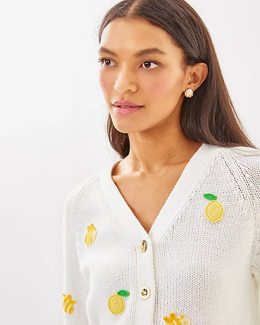 Lilly Pulitzer Tippery Cardigan Resort White Bee Sweet Embroidery
