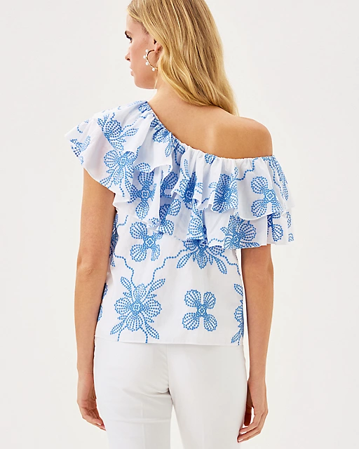 Lilly Pulitzer Trixie One-Shoulder Ruffle Top Sunwashed Blue Al Fresco Dot Embroidery