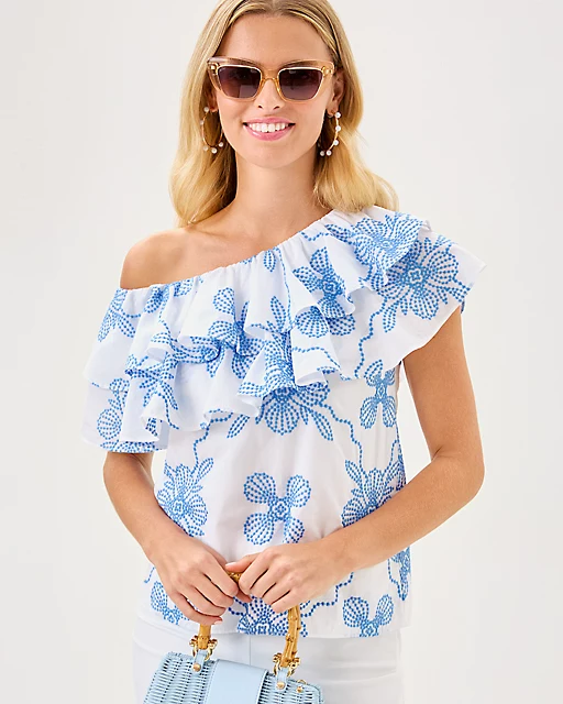 Lilly Pulitzer Trixie One-Shoulder Ruffle Top Sunwashed Blue Al Fresco Dot Embroidery
