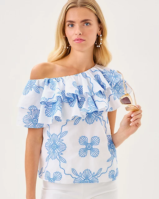 lilly pulitzer Trixie One-Shoulder Ruffle Top Sunwashed Blue Al Fresco Dot Embroidery