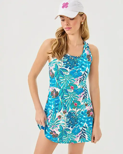 Lilly Pulitzer UPF 50+ Luxletic Forehand Active Dress Breezy Aqua Best Fronds Forever