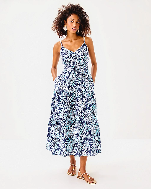 Lilly Pulitzer Zanna Cotton Midi Dress Sapphire Pool Summer Shorelines