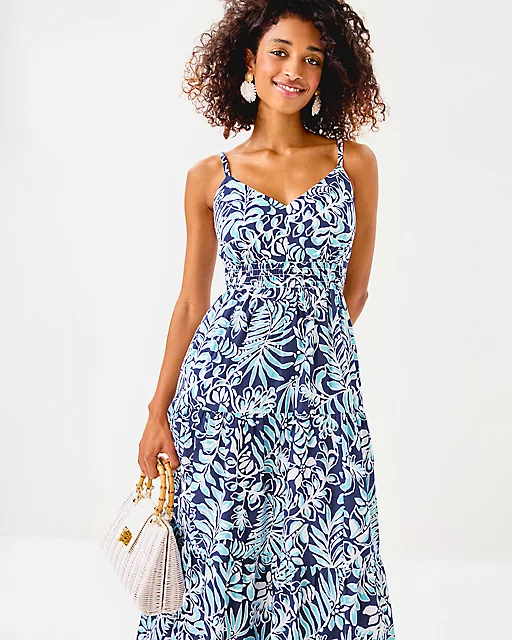 Lilly Pulitzer Zanna Cotton Midi Dress Sapphire Pool Summer Shorelines