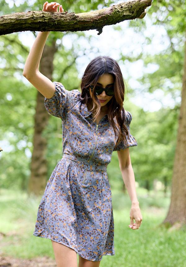 Lily And Lionel Amelia Smocked Sleeve Aster Print Mini Dress In Grey