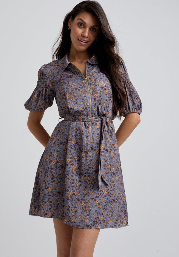 Lily And Lionel Amelia Smocked Sleeve Aster Print Mini Dress In Grey