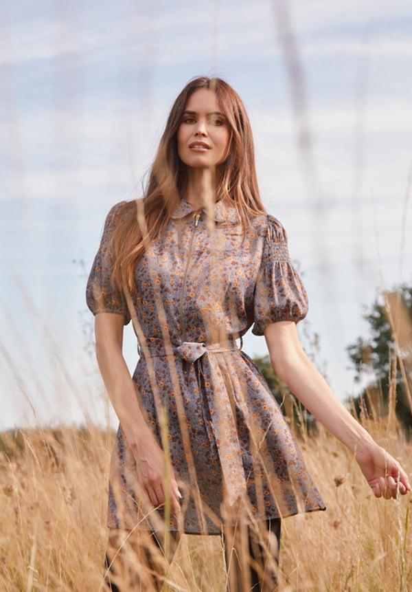 lily and lionel Amelia Smocked Sleeve Aster Print Mini Dress In Grey