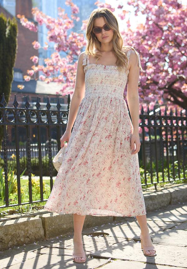 Lily And Lionel Annie Smocked Wishing Well Floral Print Midi Dress In Multi