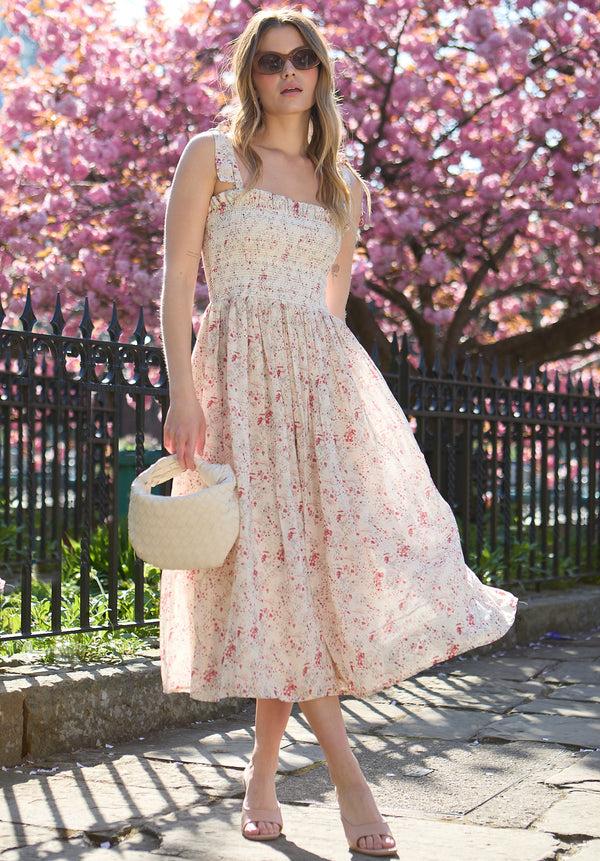 lily and lionel Annie Smocked Wishing Well Floral Print Midi Dress In Multi