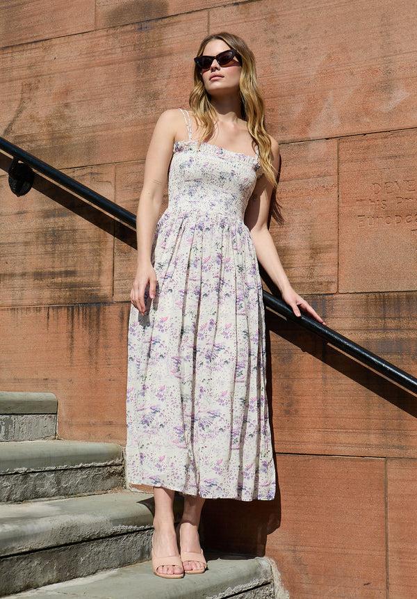 Lily And Lionel Annie Smocked Wonderland Floral Print Midi Dress In Multi