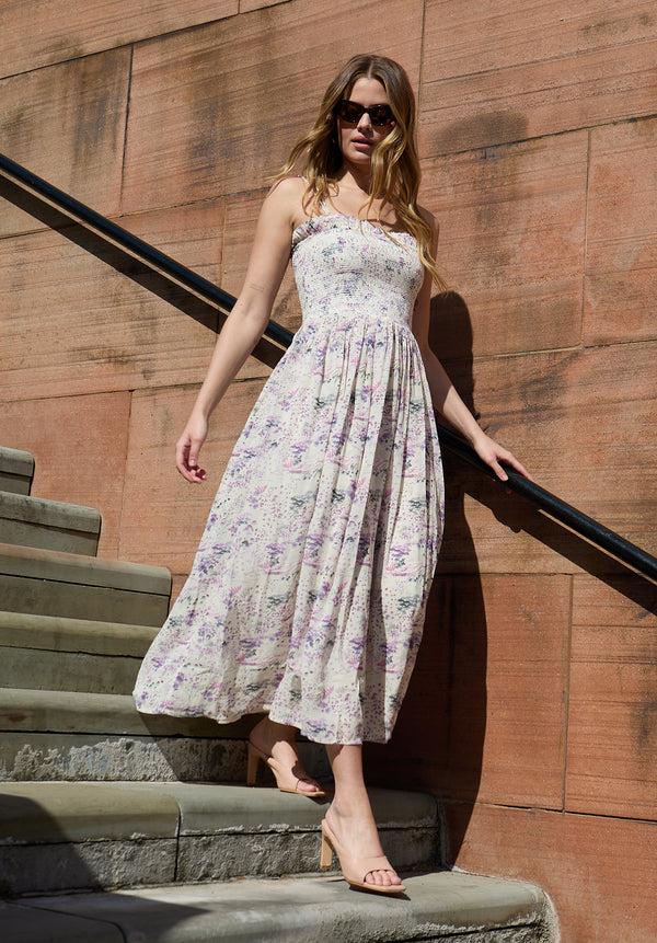 lily and lionel Annie Smocked Wonderland Floral Print Midi Dress In Multi