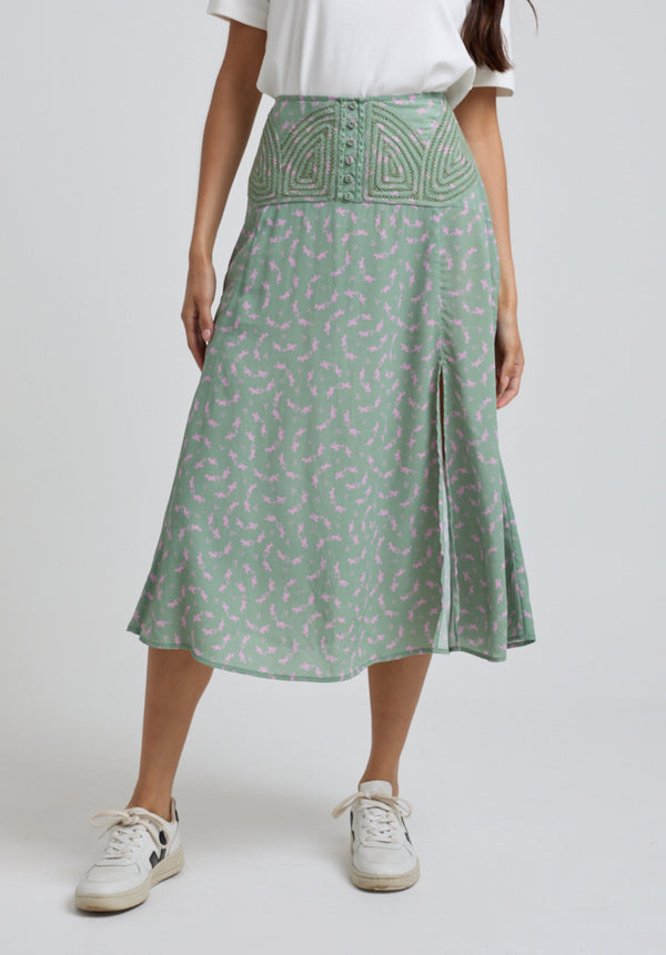 Lily And Lionel Aria Cutwork Detail Dove Print Midi Skirt In Green