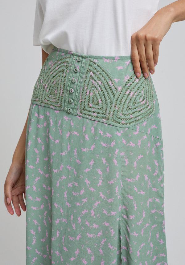 Lily And Lionel Aria Cutwork Detail Dove Print Midi Skirt In Green