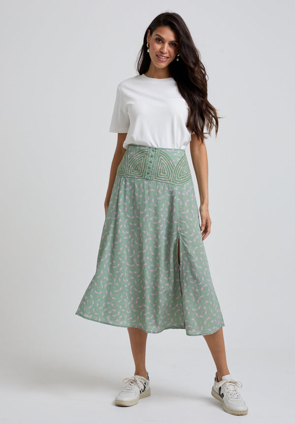 lily and lionel Aria Cutwork Detail Dove Print Midi Skirt In Green