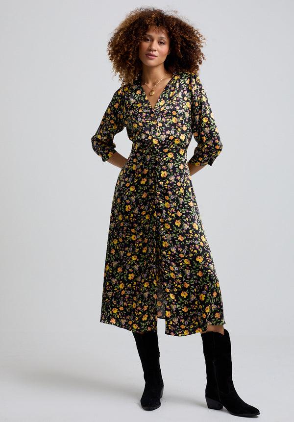 Lily And Lionel Charlotte Button Front Floral Print Midi Dress In Multi
