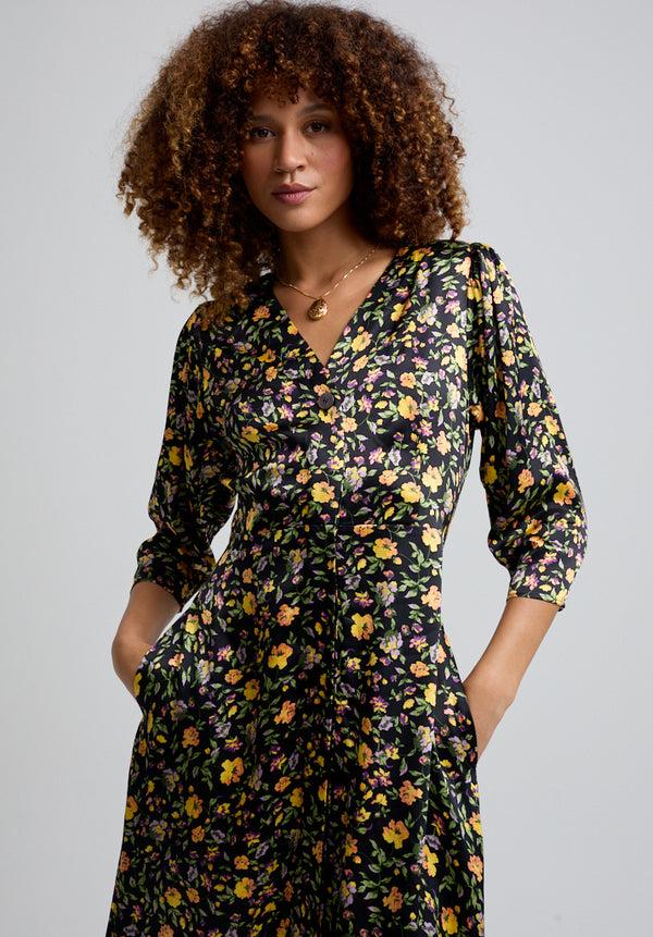 Lily And Lionel Charlotte Button Front Floral Print Midi Dress In Multi