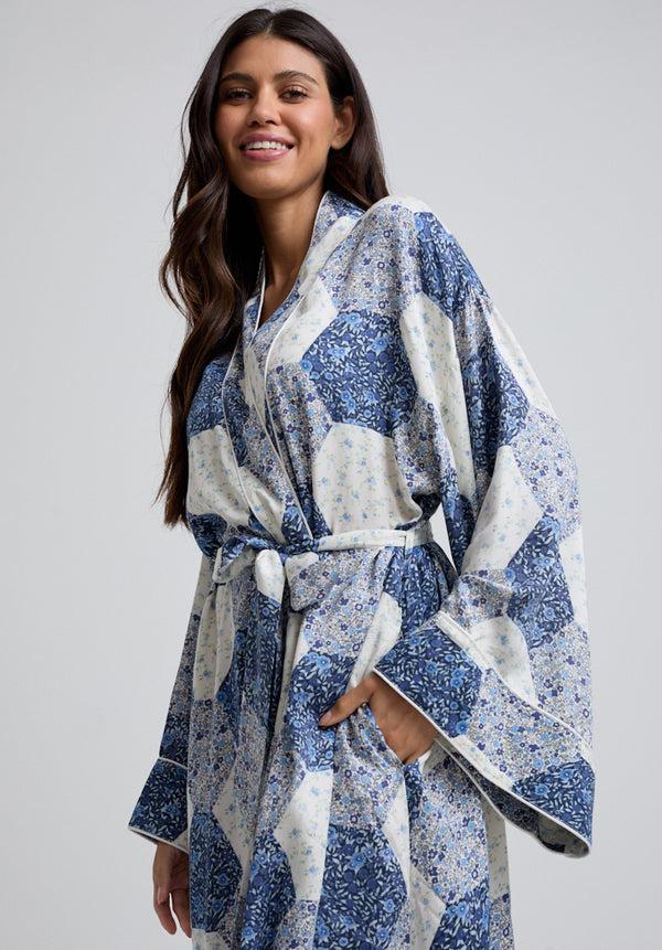 Lily And Lionel Corina Kimono Style Aster Patchwork Print Robe In Blue
