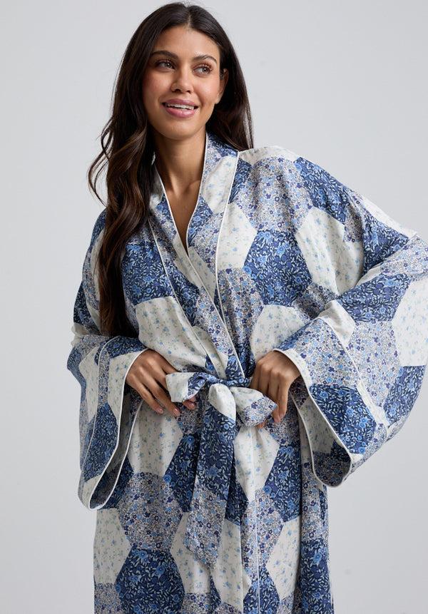 lily and lionel Corina Kimono Style Aster Patchwork Print Robe In Blue