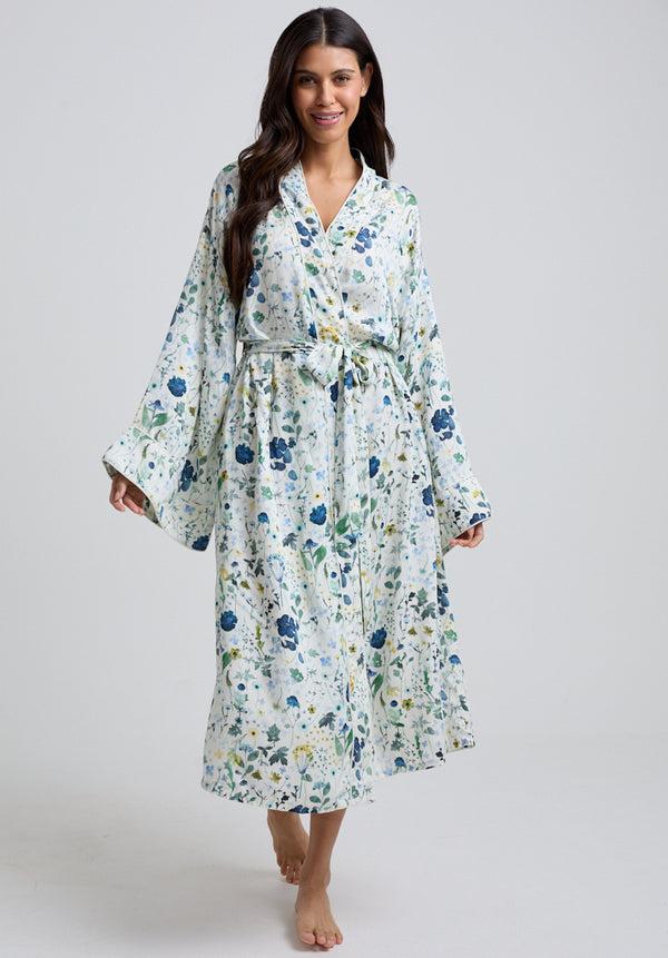 Lily And Lionel Corina Kimono Style Pressed Floral Print Robe In Blue