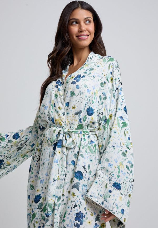 Lily And Lionel Corina Kimono Style Pressed Floral Print Robe In Blue